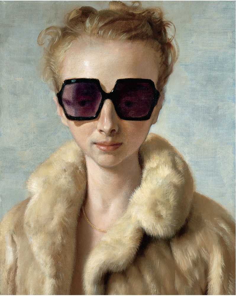 A painting of a woman in large dark sunglasses and a fur coat