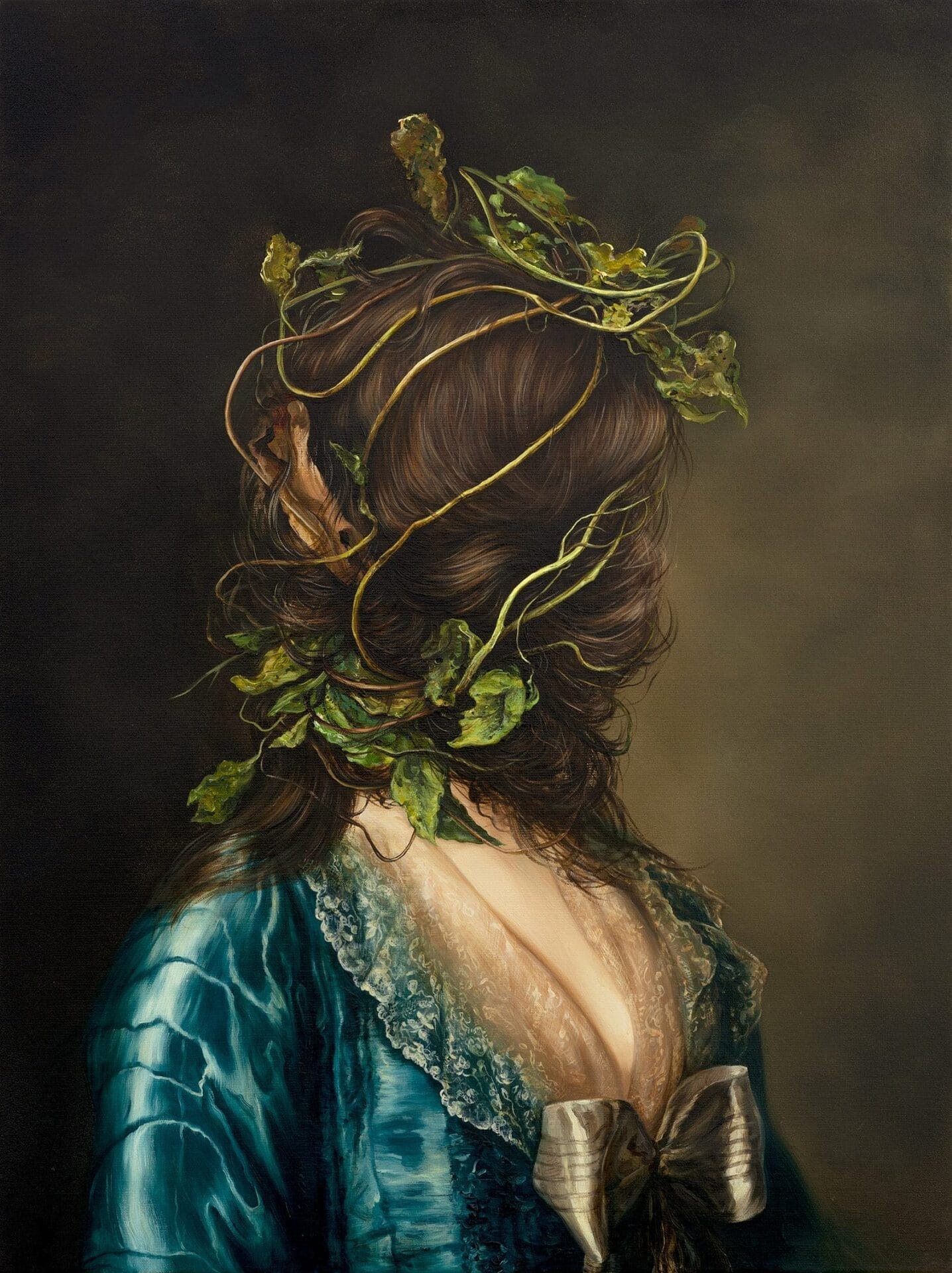 A painting of a woman seen from behind, vines wound through her hair