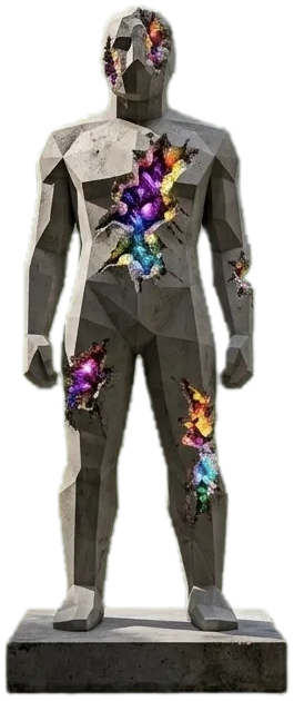 A faceted stone figure with crystal geodes breaking through its surface