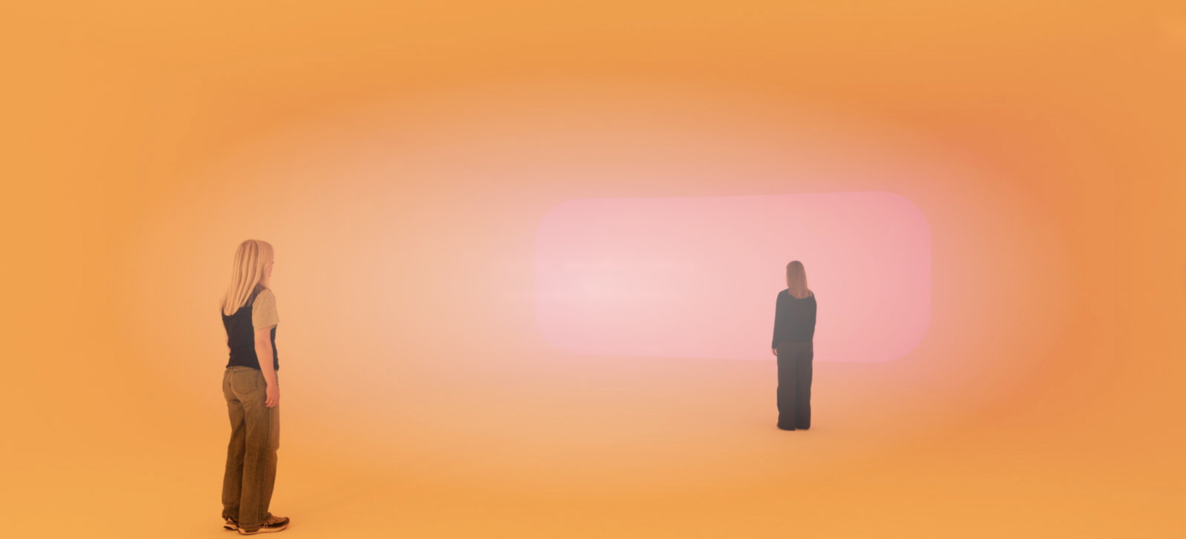 Two figures standing in a room of orange light before a pink panel