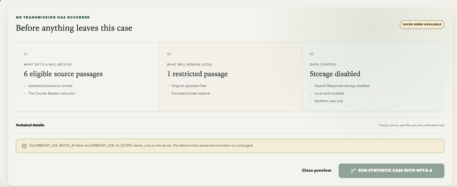 Before anything leaves this case: what the model will receive, what remains local, storage disabled